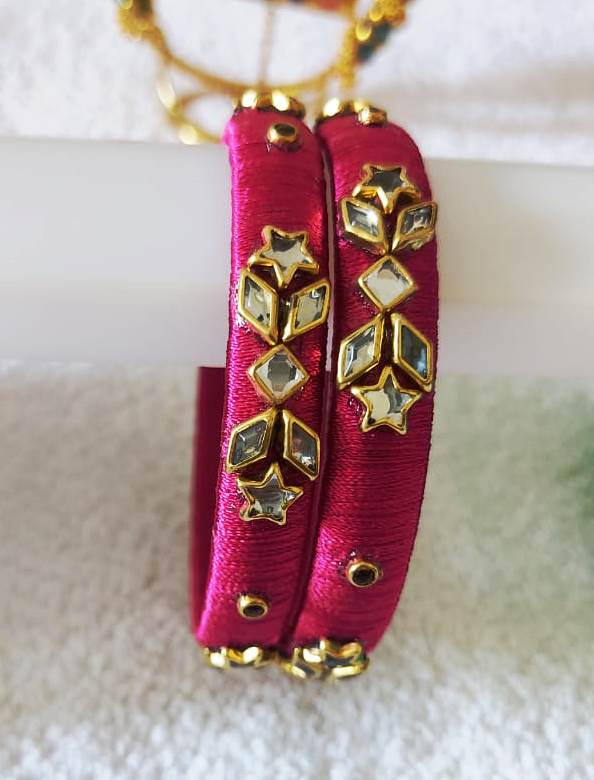 Pink Silk Thread Bangle Set with Kundan Stones view 2