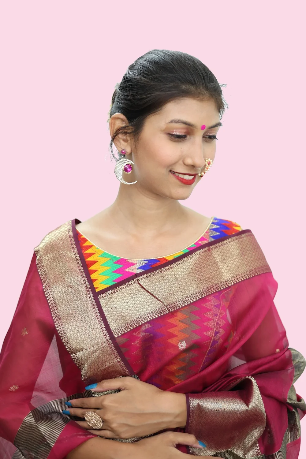 Epic Rani Pink Mix Border handloom Saree with Tassels view 2