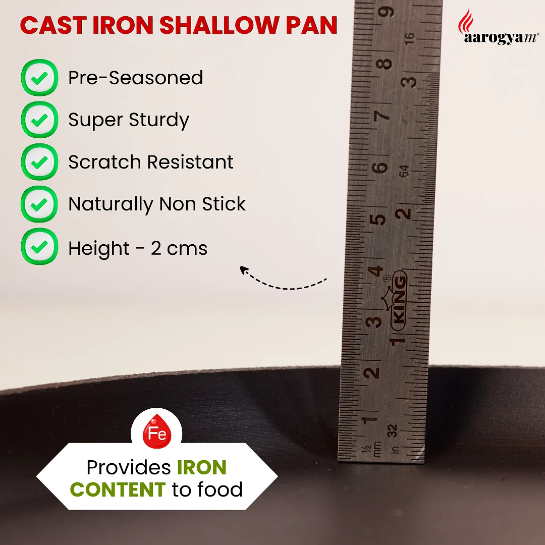Aarogyam Cast Iron Shallow Fry Pan | 10 inch (25 cm) Diameter | Pre-Seasoned | Non-Toxic | Naturally Non-Stick | Compatible with Gas Stove - Perfect for fluffy omlette, parathas and rotis! (Colour - Black) by Aarogyam - The Cast Iron Shop view 2