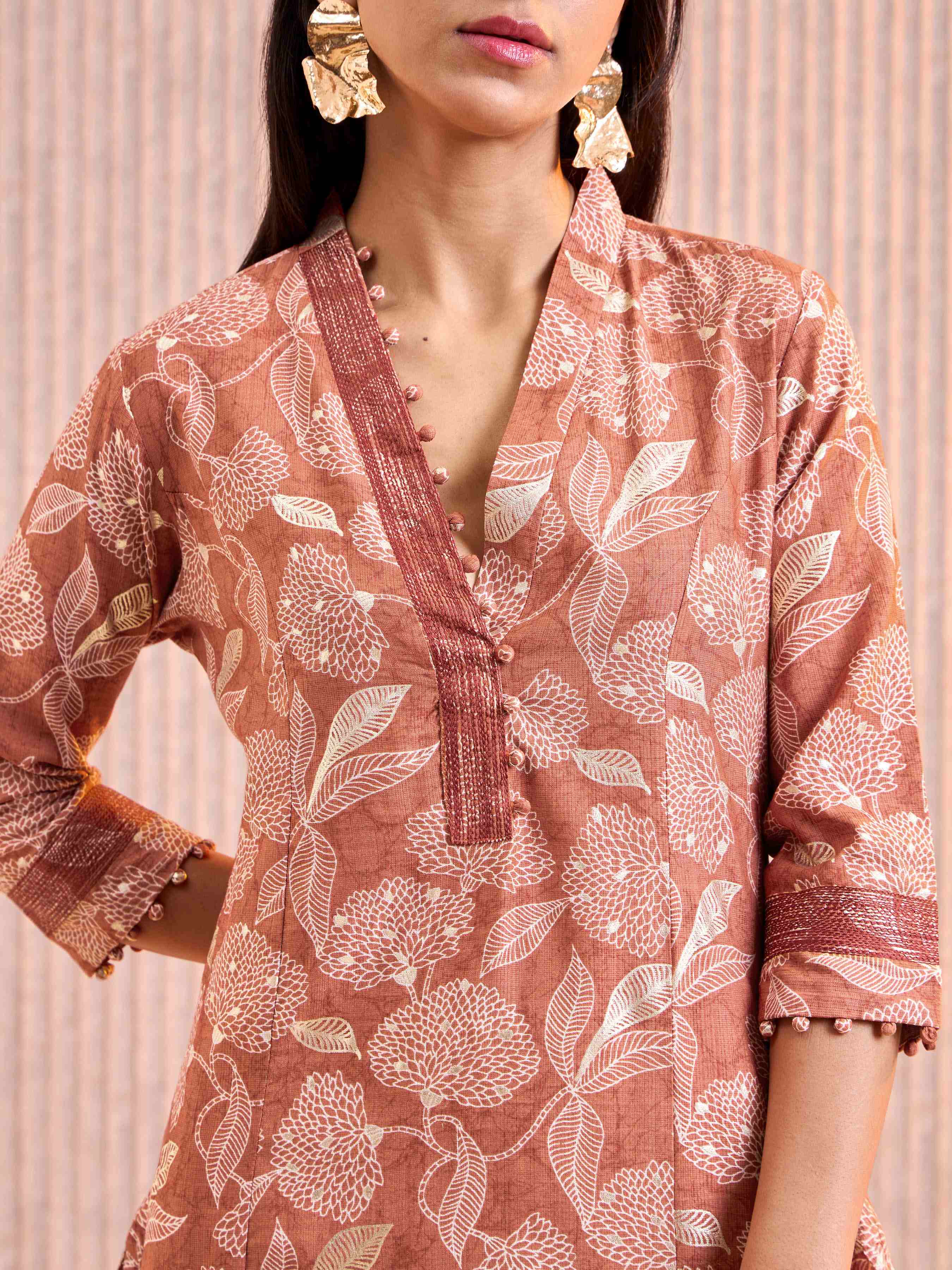 Rust Orange Viscose Blend Slited Princess Cut Kurti With Embroidery Work view 2