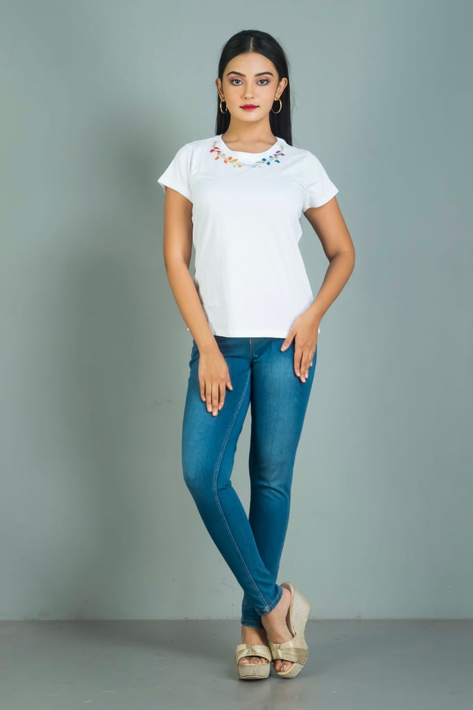 White coloured hand embroidered cotton women T shirt with full neck floral design view 2