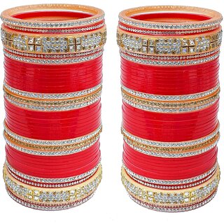 Lucky Jewellery Red Bridal Golden & White Stone Chura Designer Fashion Choora Punjabi Wedding Chuda Set
