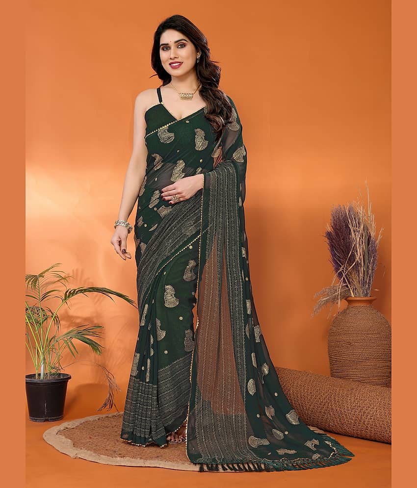VEDANT VASTRAM Georgette Self Design Saree With Unstitched Blouse Piece ( Green )