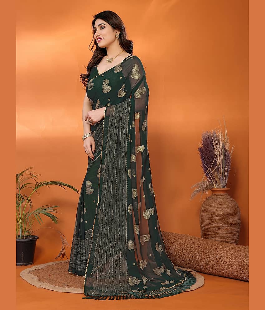 VEDANT VASTRAM Georgette Self Design Saree With Unstitched Blouse Piece ( Green ) view 2