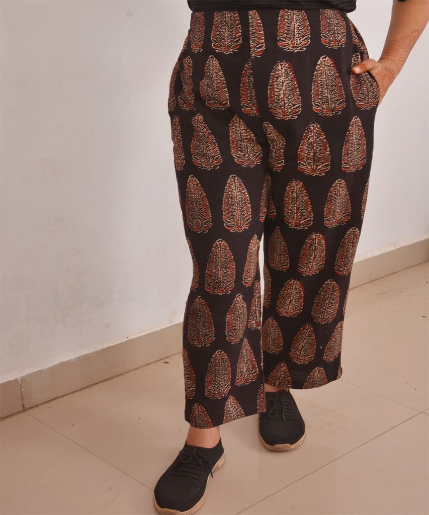 Black Ajrakh Handprint Cotton Pants for women view 2