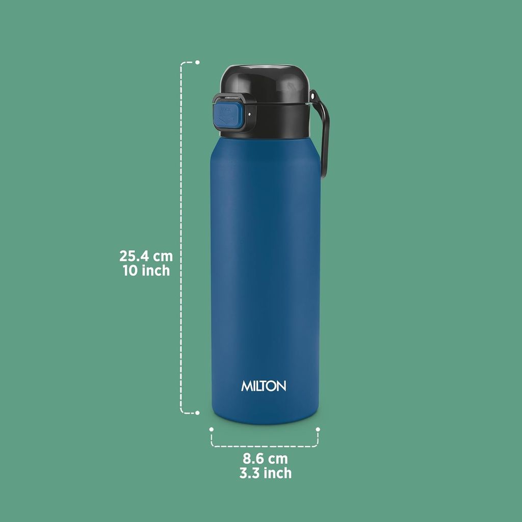 Milton Dual Flow 600 Thermosteel Water Bottle 595 ml with One Touch Safety Lock & Twin Lid Sip or Gulp,Long Hours Hot & Cold,Leak Proof,ISI Certified,Vacuum Insulated,for Office,Gym,School,Dark Blue view 2