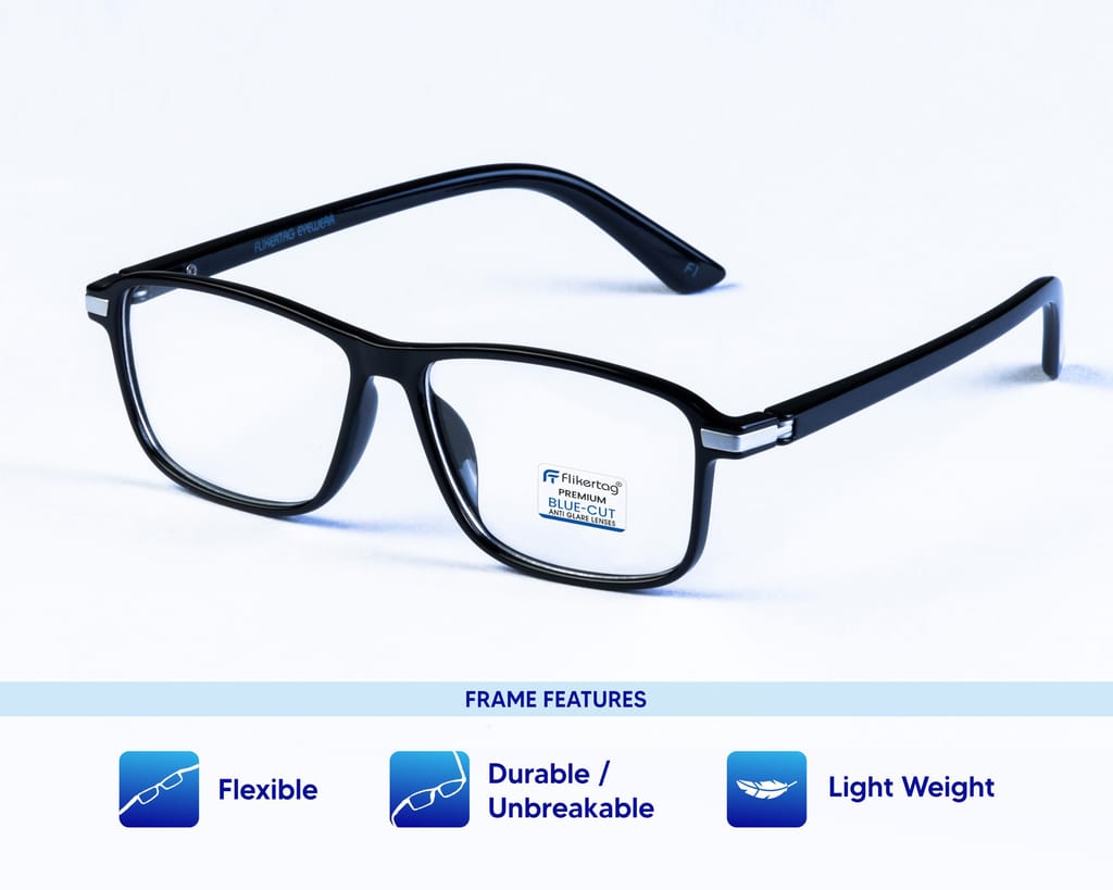 Flikertag Blue Cut Computer Glasses for Eye Protection | Zero Power Blue Light Filter Glasses With UV Protection | Anti Glare Specs for Men & Women [FTF202 F1 Rectangle Glossy Black Frame, 52mm] view 2
