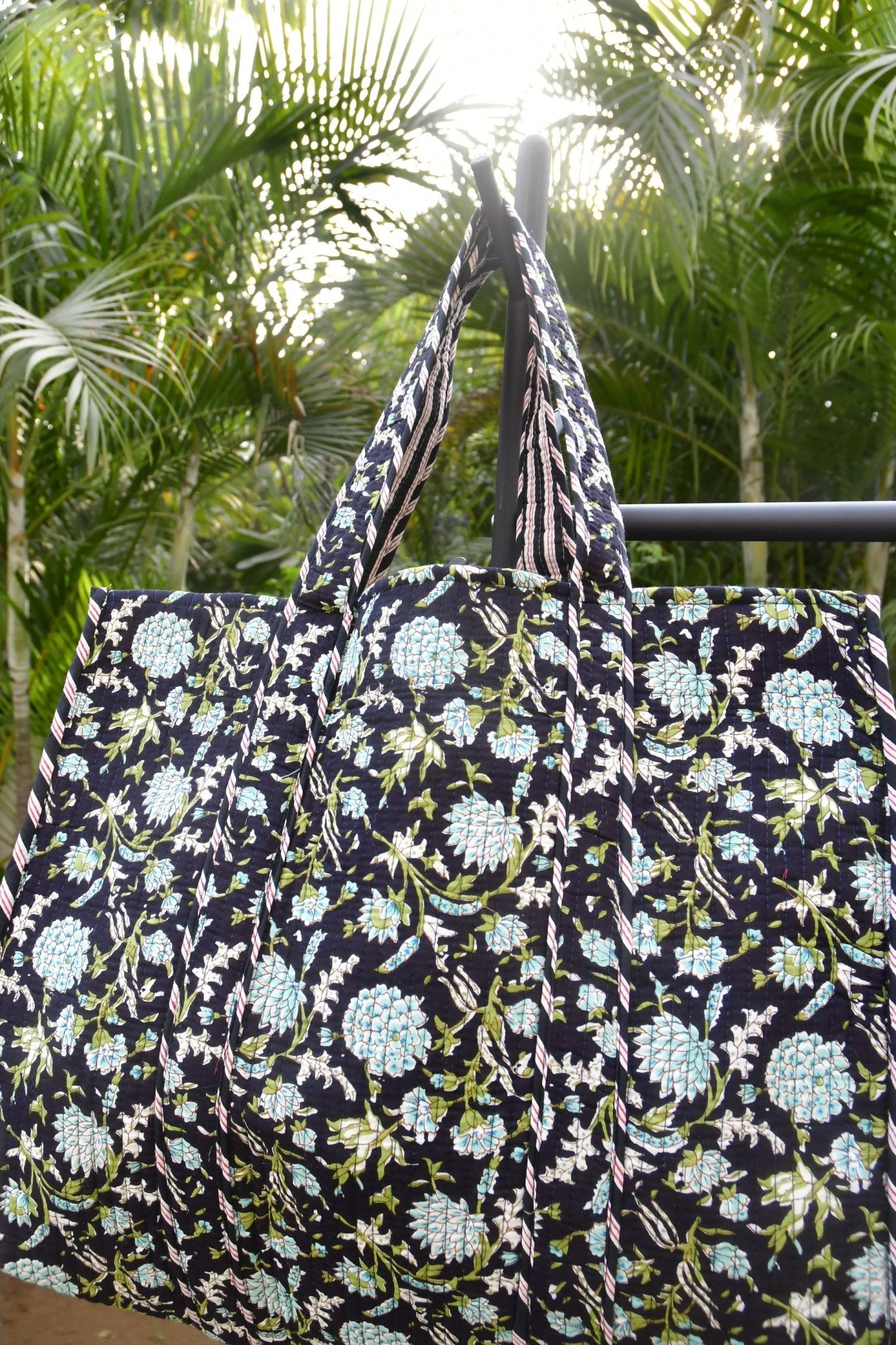 Black Floral Handblock Tote Bag : Multiple pockets view 2