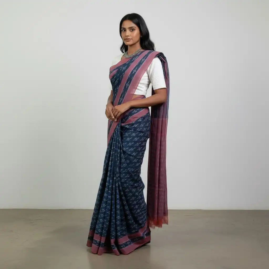 Pochampally Ikat Mercerized Cotton Saree, Temple Border, Pastel Blue view 2