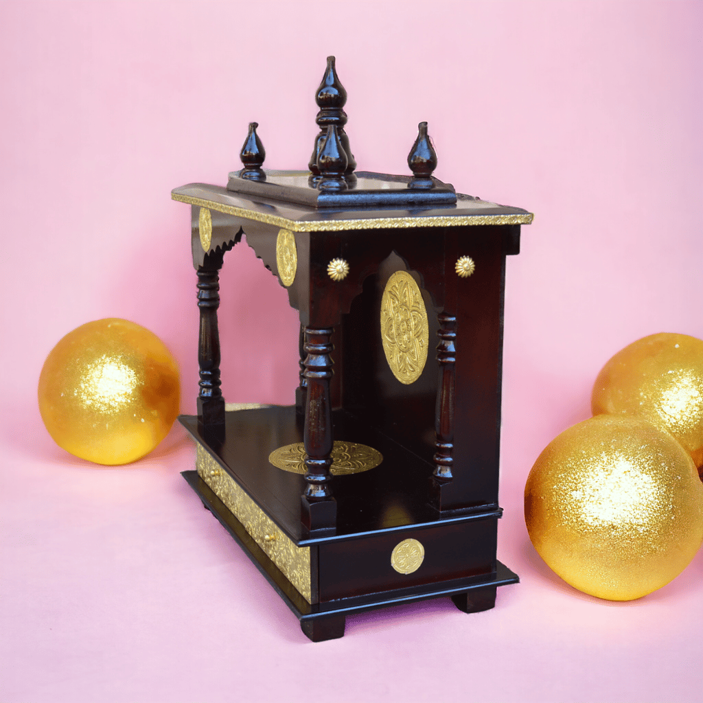Wood Temple Mandir Handcrafted Hindu Pooja Ghar Mandap For Worship Brass Fitted Beautiful Home office Wall Decor Art view 2