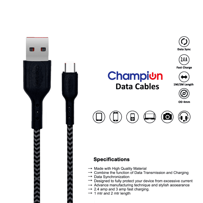 Champion USB to Micro 2.4Amp Data Sync & Charging Cable Braided 1M for all Android & Micro USB Devices view 2
