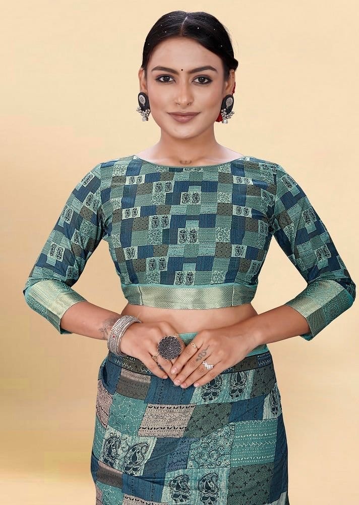 Digital Printed Cotton Saree in Teal Blue view 2