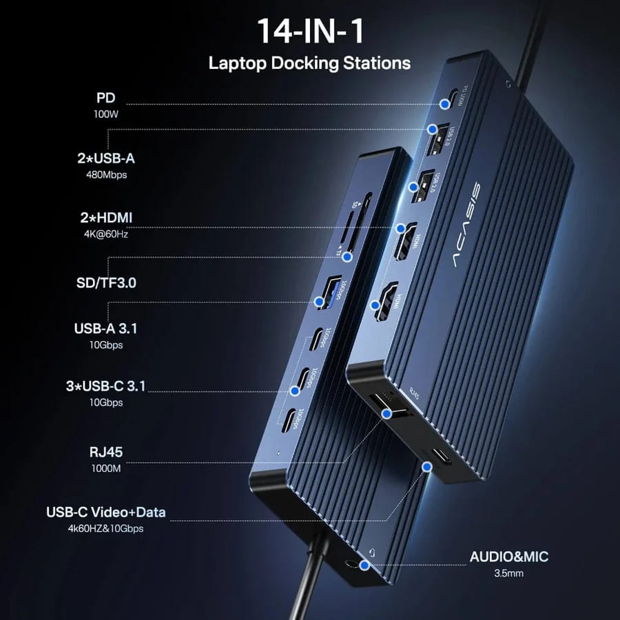 ACASIS 14 in 1 USB C Dock with 10Gbps(USB C Video+Data,3*USB C,USB A) Dual Monitor 4k60Hz Ethernet,100W PD,SD/TF,3.5mm Audio for Dell/HP/ Mac/Window view 2