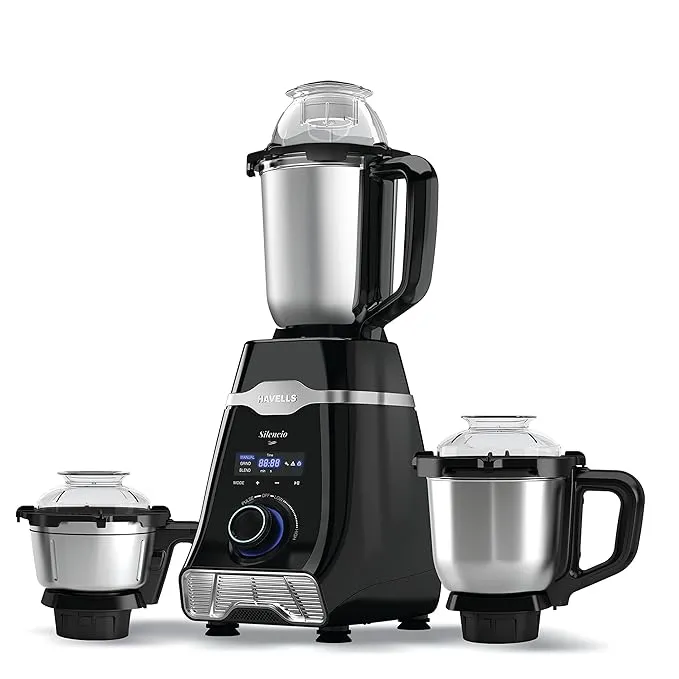 Havells Mixer Grinder Silencio | Powerful HVDC Motor |Hands Free Operation | Triple Safety Protection | Double Layered Jars | Smart Digital Control | 5 Year Motor Warranty 3 Jar (Black)