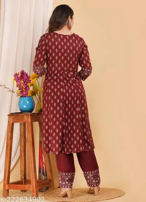 Women Cotton Rayon Printed Anarkali Kurti With Beautifull Hand Work Design Along With Pant And Dupatta With Lace Border view 2