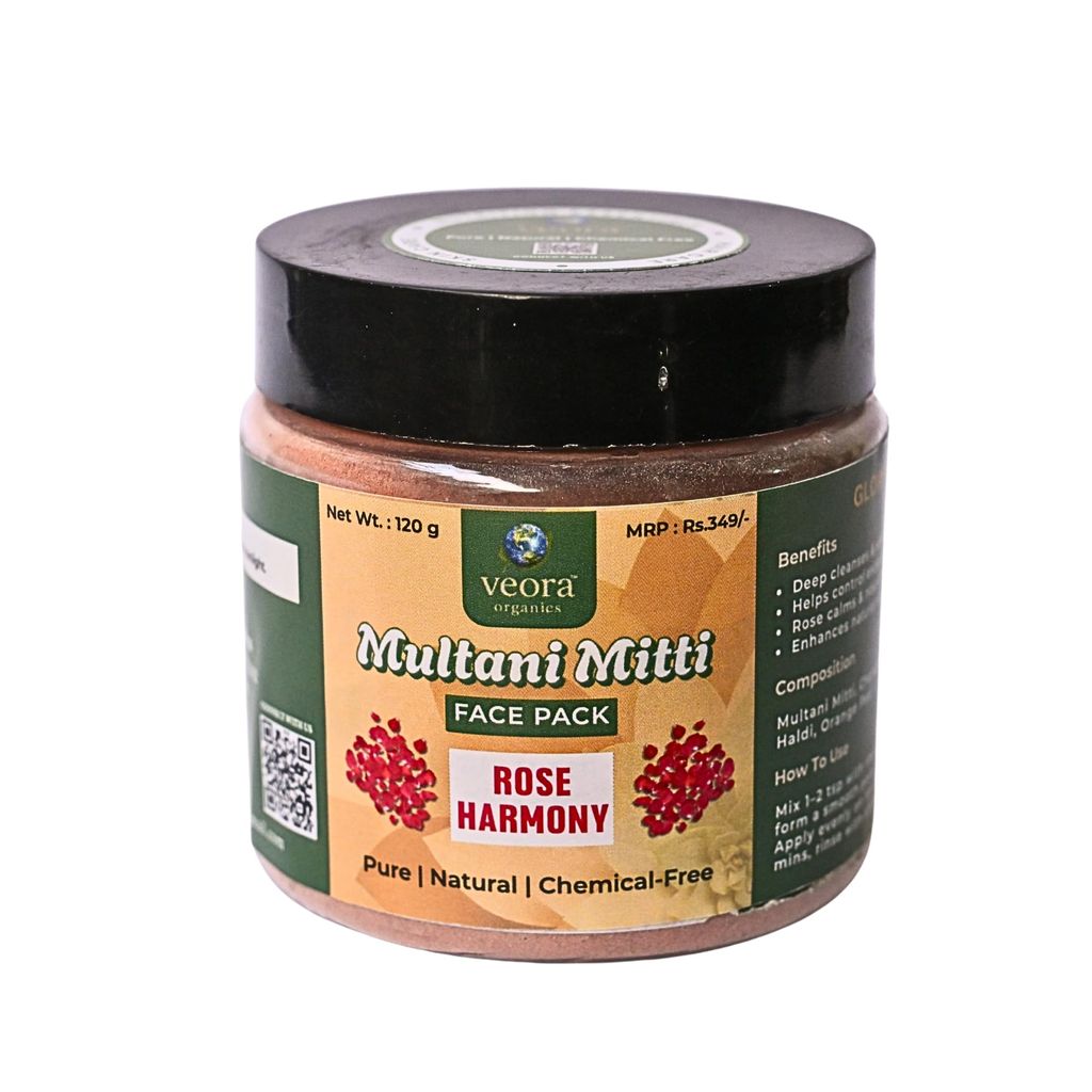 Veora Organics Multani Mitti Face Pack Rose Harmony | Natural Skin Brightening Face Mask with Rose Petals & Orange Peel | Deep Cleansing, Oil Control & Tan Removal | Pure Chemical-Free Herbal Skincare | 120g