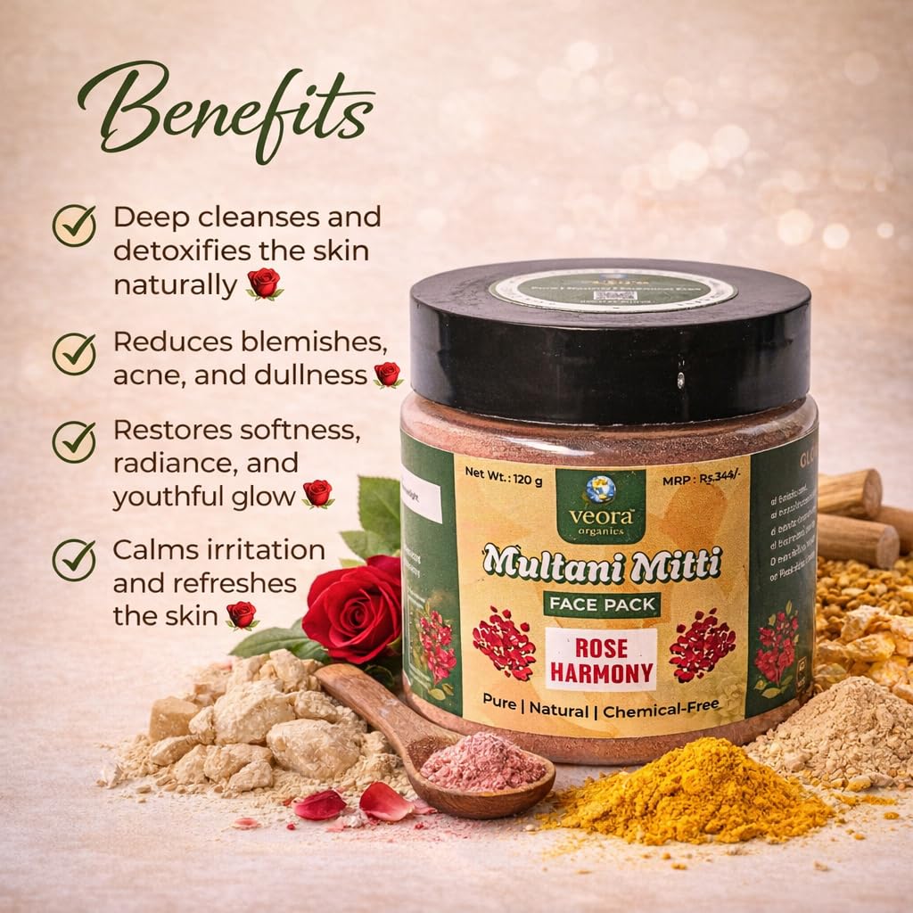 Veora Organics Multani Mitti Face Pack Rose Harmony | Natural Skin Brightening Face Mask with Rose Petals & Orange Peel | Deep Cleansing, Oil Control & Tan Removal | Pure Chemical-Free Herbal Skincare | 120g view 2