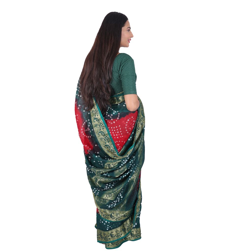 Tribes India Handwoven Maroon and Dark Forest Green Bandhej Saree view 2