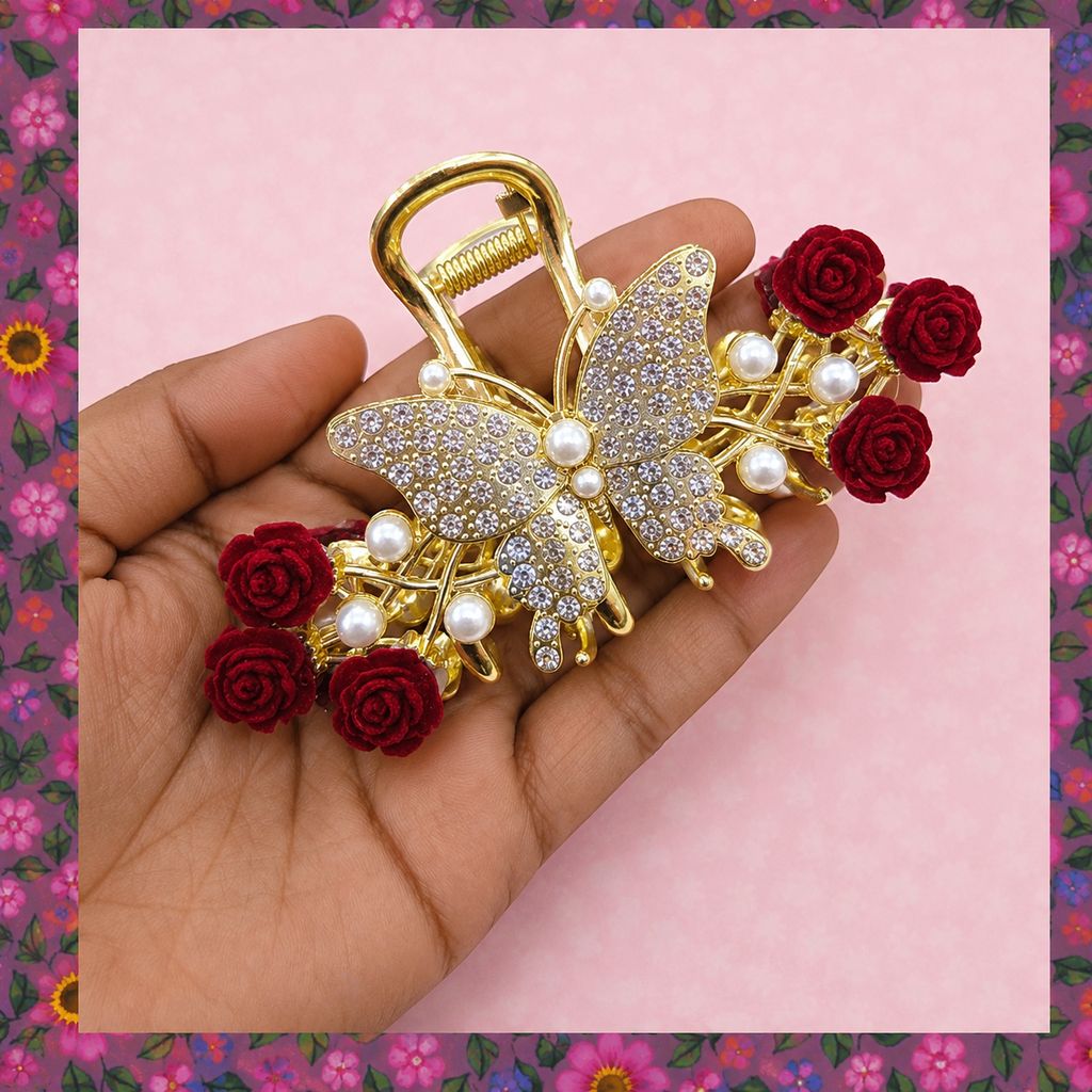 Luxury Butterfly Hair Claw Clip with Crystal Rhinestones, Pearls & Red Rose Design view 2