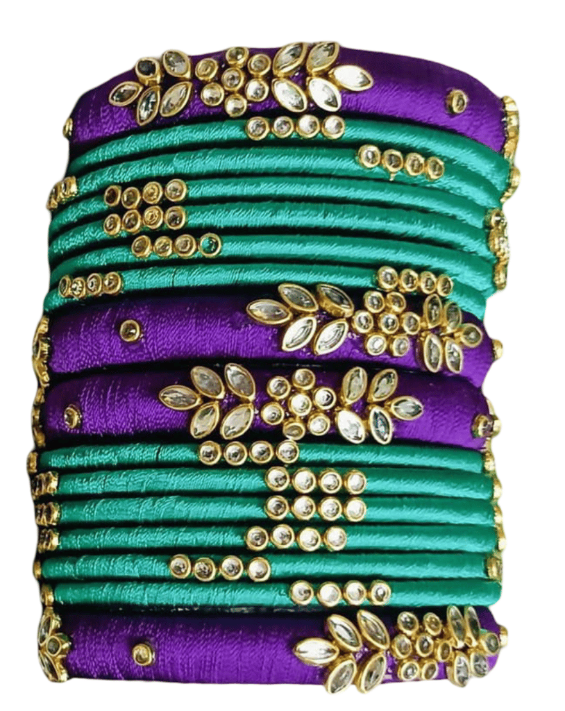 Purple & Teal Silk Thread Bangles with Stone Embellishments view 2