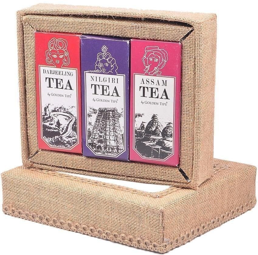 Golden Tips Loose Leaves Black Tea Set of 3 Premium Teas in Jute Box Darjeeling, Nilgiri and Assam (3x50 Gram) view 2