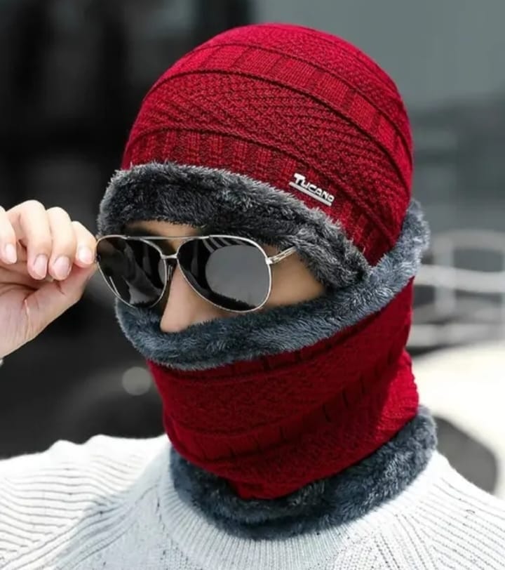 Warm Red Knitted Beanie Hat and Neck Warmer Set for Winter view 2