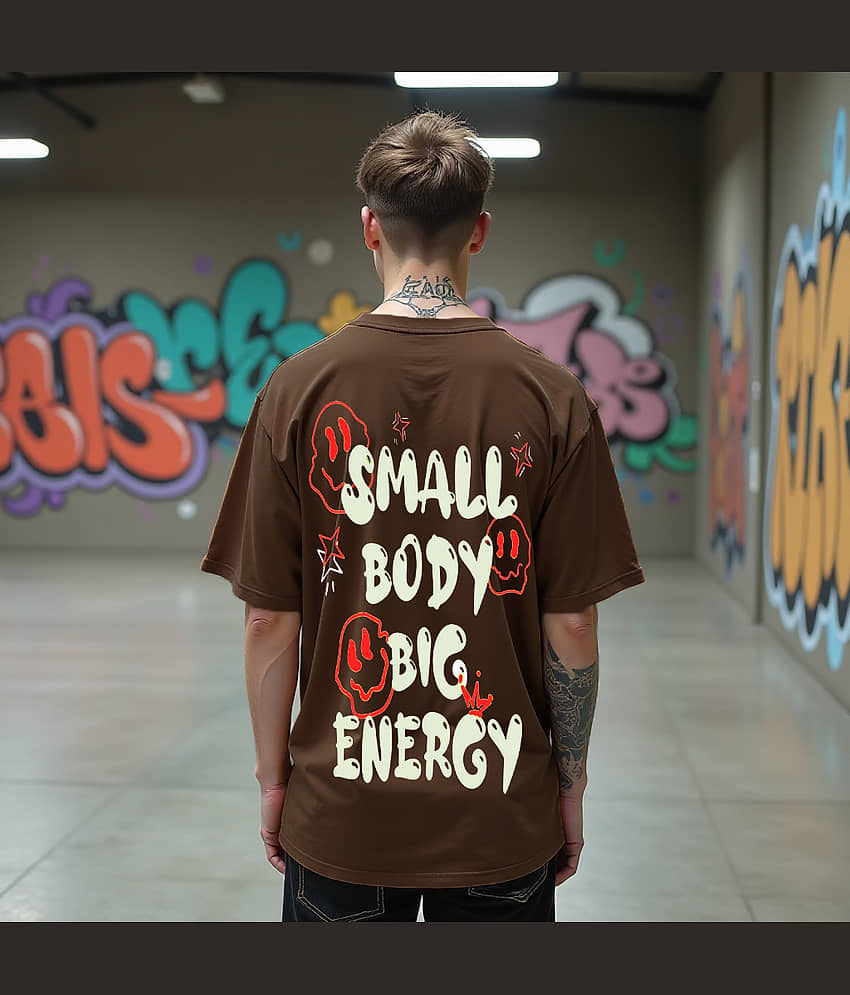 RodZen Cotton Blend Oversized Fit Printed Half Sleeves Men's Round T-Shirt - Brown ( Pack of 1 ) view 2