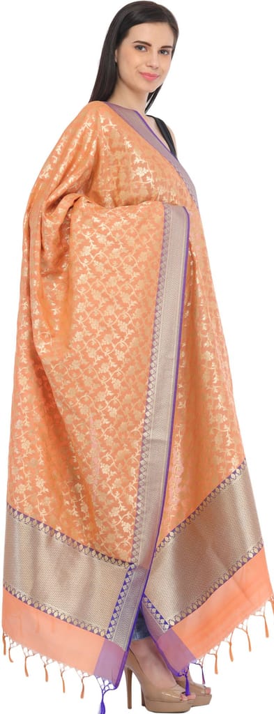 Coral-Reef Banarasi Brocaded Zari Thread Dupatta with Floral Weave view 2