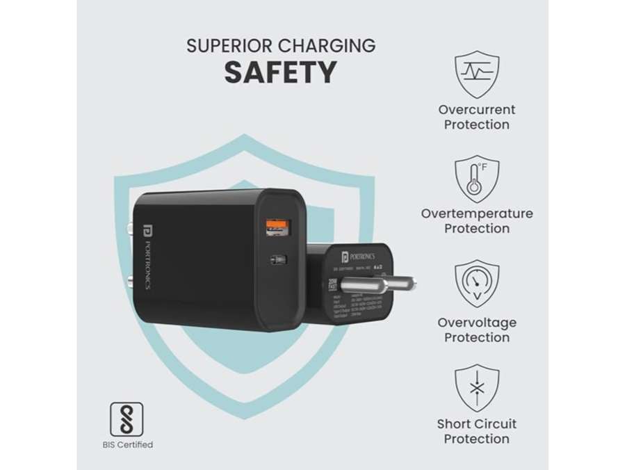 Portronics Adapto 45 22.5W Max Output USB & Type-C Dual Output Super Fast Charger,Wall Adapter Power Delivery 3.0& USB A Fast Charge Adaptor for iPhone,Android & Other Type C Enabled Devices - Black view 2