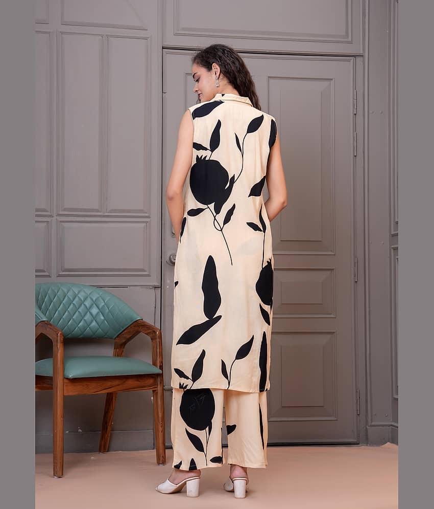 HIGHLIGHT FASHION EXPORT Women Rayon Printed A-line Kurti With Palazzo ( Beige ) view 2