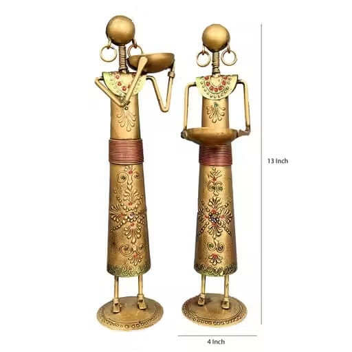 Metal Wrought Iron Tribal Lady showpieces Ladies Doll Figurine Statue Decorative Items | Show Pieces for Home Decor Stylish Living Room Tea Light Stand Golden view 2
