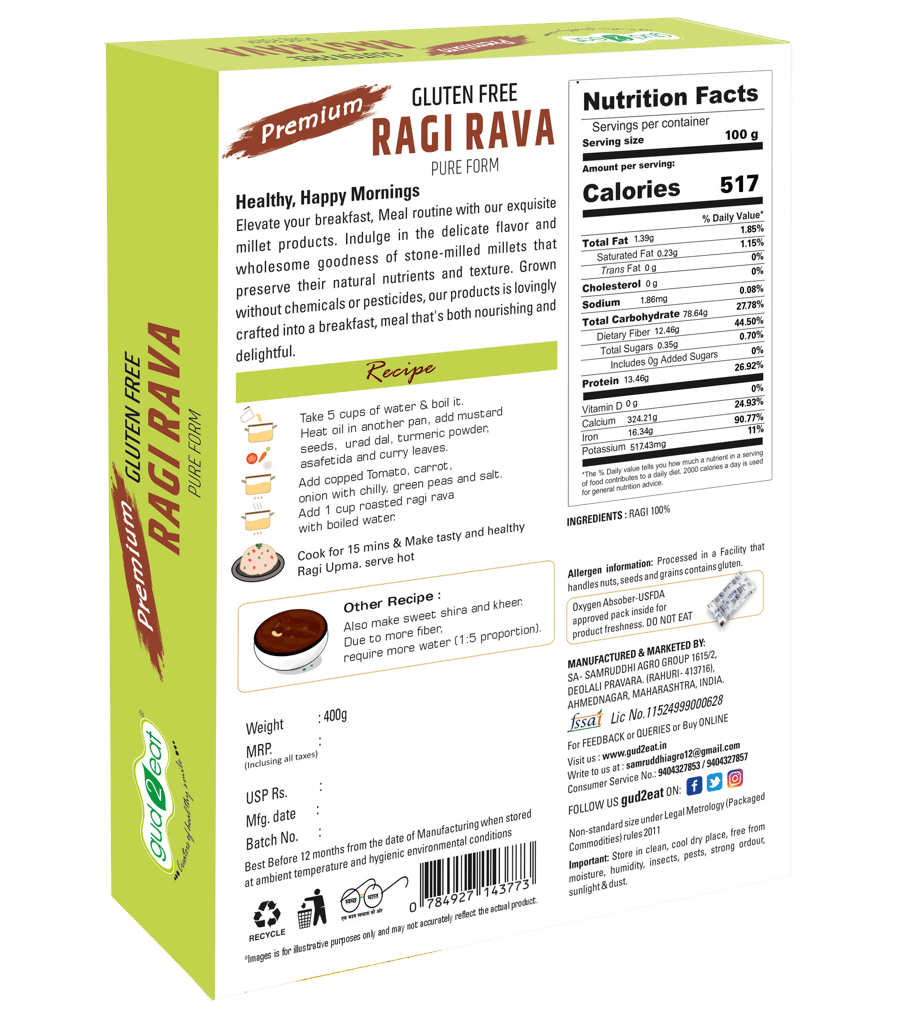 Gud2eat Ragi Rava | Gluten free | souce of calcium | tasty and delicious | 400g view 2