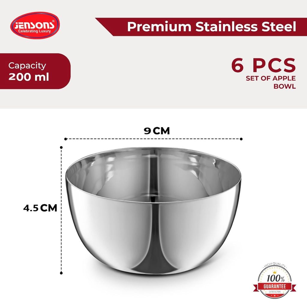 JENSONS Premium Stainless Steel 9 cm Curry Bowl 200ml | Dal Bowl | Wati Set of 6 view 2