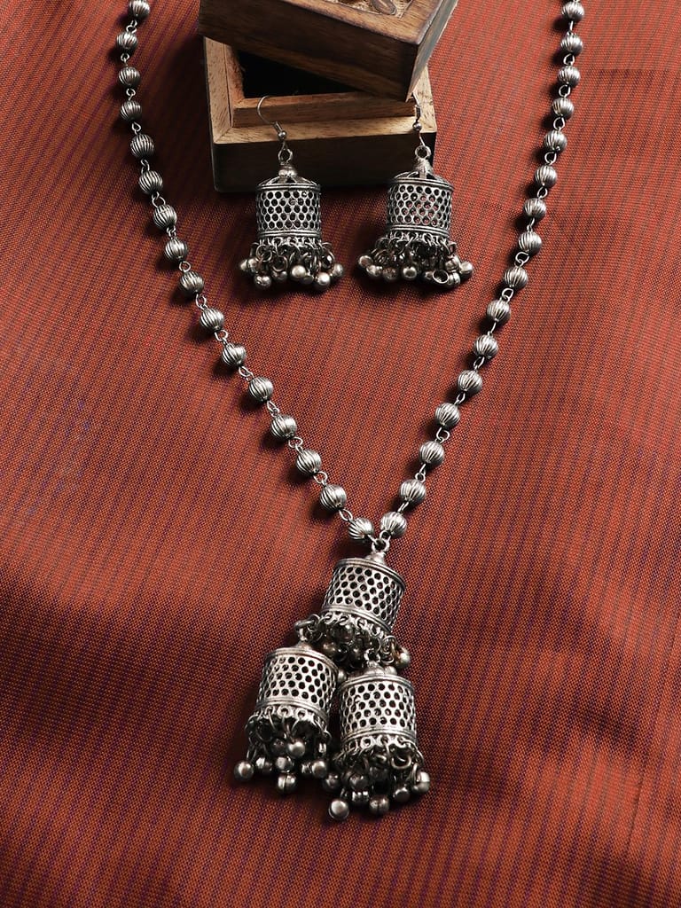 Cardinal Oxidized Silver Color Long Necklace Set view 2