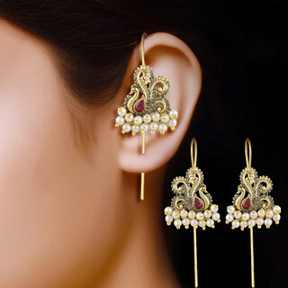 Vivastri Mayur Gold Plated Pearl Alloy Kanphool Guttapusalu Ear cuff,Cuff Earrings for Women & Girls - VIVA2839ERG-RED view 2