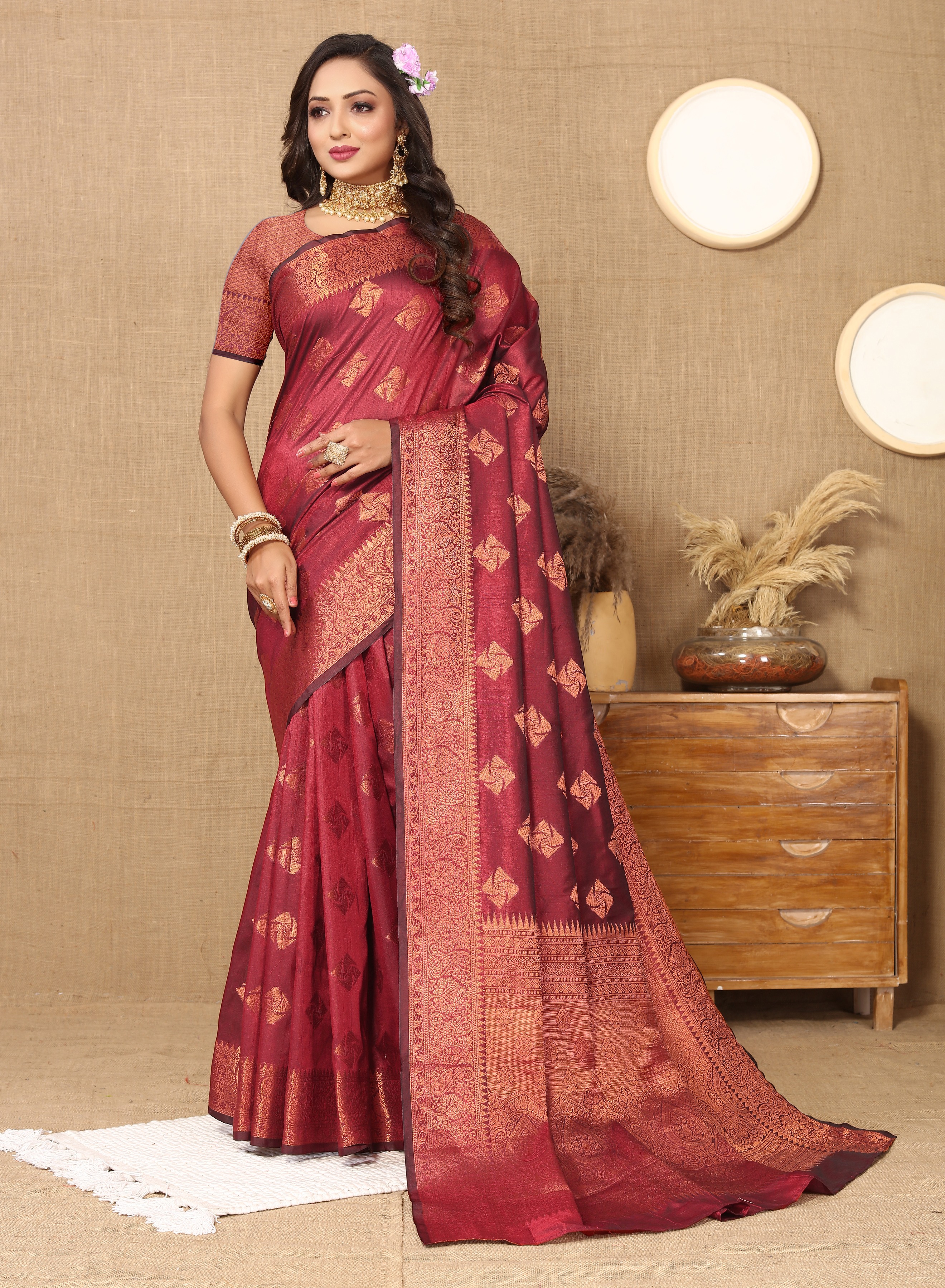 Soft katan silk saree with copper zari weawing... view 2