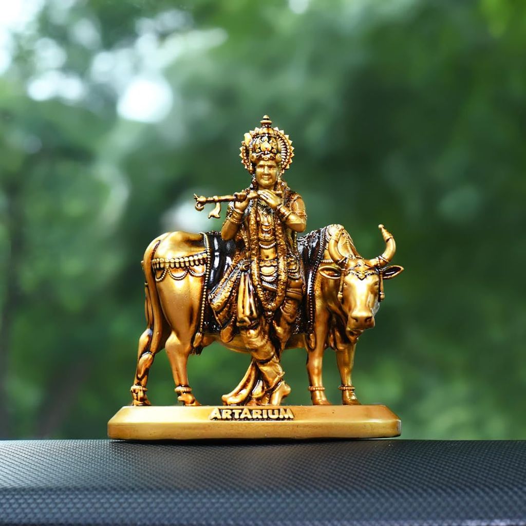 Artarium Handcrafted Krishna with Kamdhenu Cow Idol Murti Statue Janmashtami Diwali Showpiece Kanha with Action Cow for Car Dashboard Home Decor Office & Table Decorative (Gopal Krishna 3.5 Inch) view 2