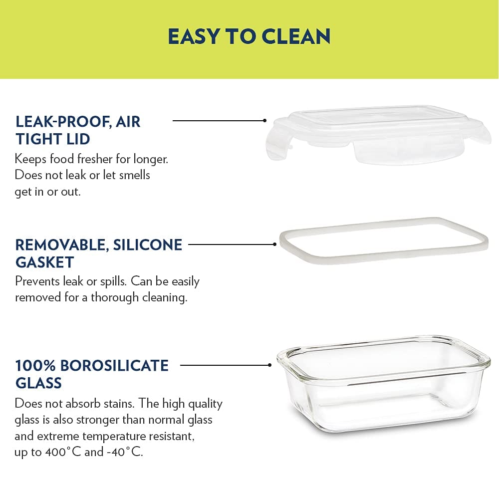 Borosil Klip n Store (370ml x 4) Rectangle Glass Food Storage Container Set with Air Tight Lid | Borosilicate Glass Container for Lunchbox | Microwave & Oven Safe | Transparent view 2