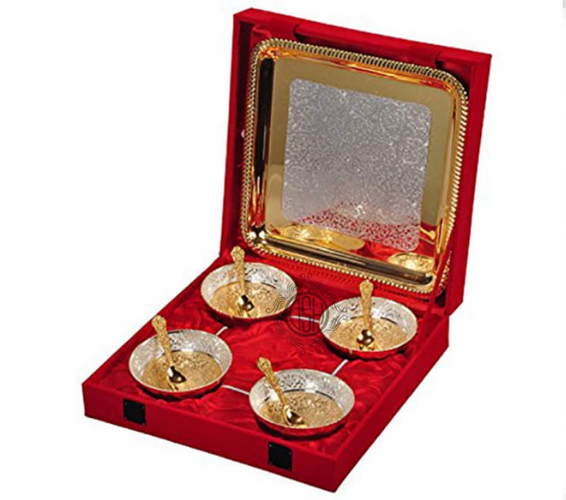 Silver and Gold Plated Bowl Set for Wedding Anniversary Gift Item with Velvet Box (4 Bowl: 4 Spoon: 1 Tray) Set of 9 view 2