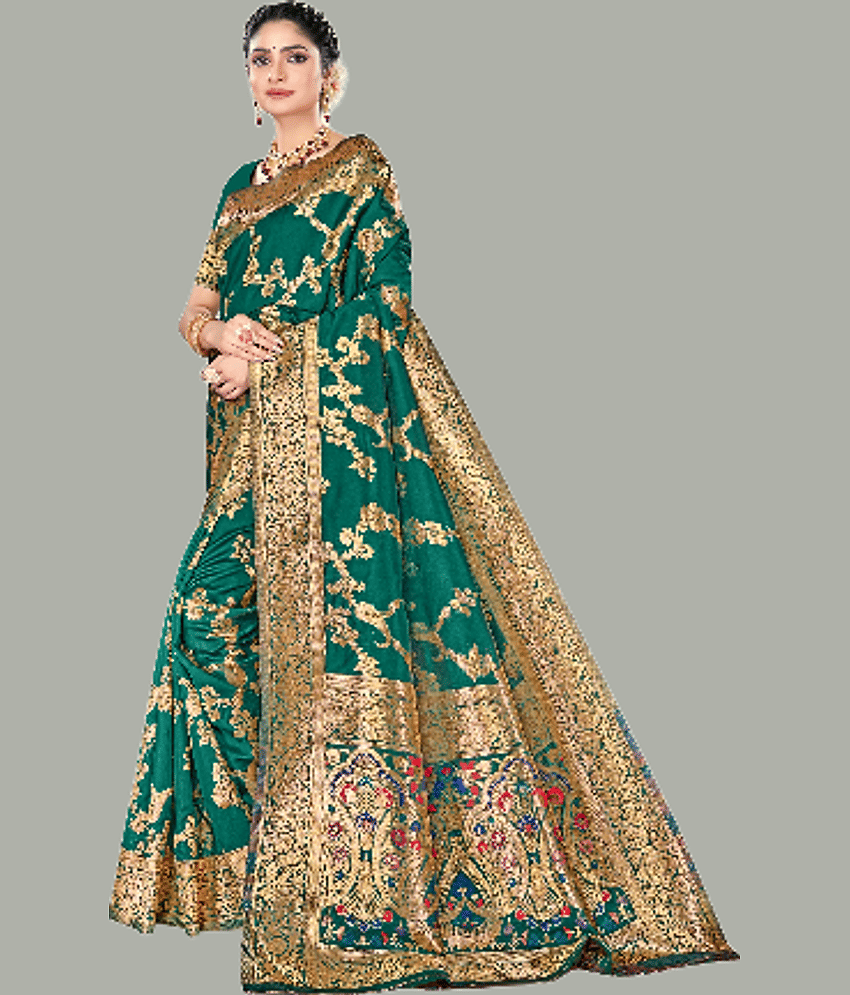 GARIYA Banarasi Silk Embellished Saree With Unstitched Blouse Piece ( Navy Blue ) view 2