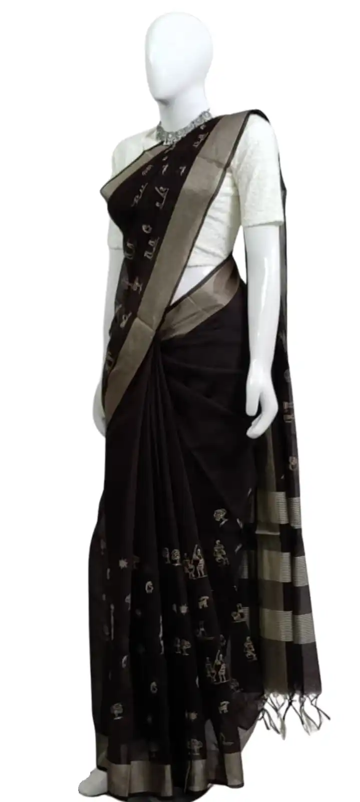 Saura Art Cotton Saree Charcoal Black Tribal Figures view 2