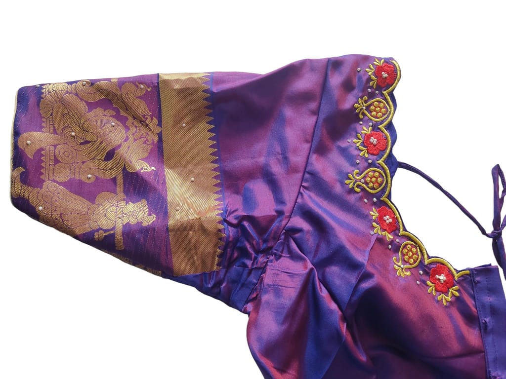 Women's Purple Silk Saree Blouse with Floral Embroidery and Tassels view 2