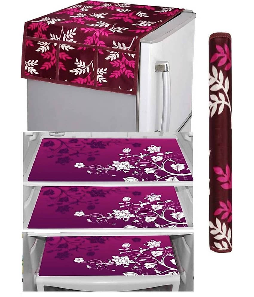 Laphino Polyester Floral Fridge Covers ( 93 53 ) Pack of 5 - Pink
