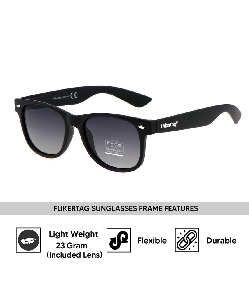 Flikertag Polarized Sunglasses With UV Protection For Men & Women | HD vision with Grey Gradient Lens [FTS 552 F1 Wayfarer Matte Black Frame with Smoke lens, 52mm] view 2