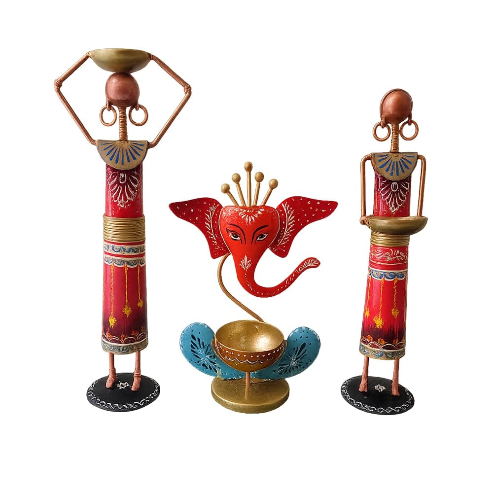 Handcrafted Metal Ganesha Tea Light Holder Set, Red and Gold, Traditional Indian Style Decorative Candle Holders with Tribal Figurines, Home Temple Decor view 2