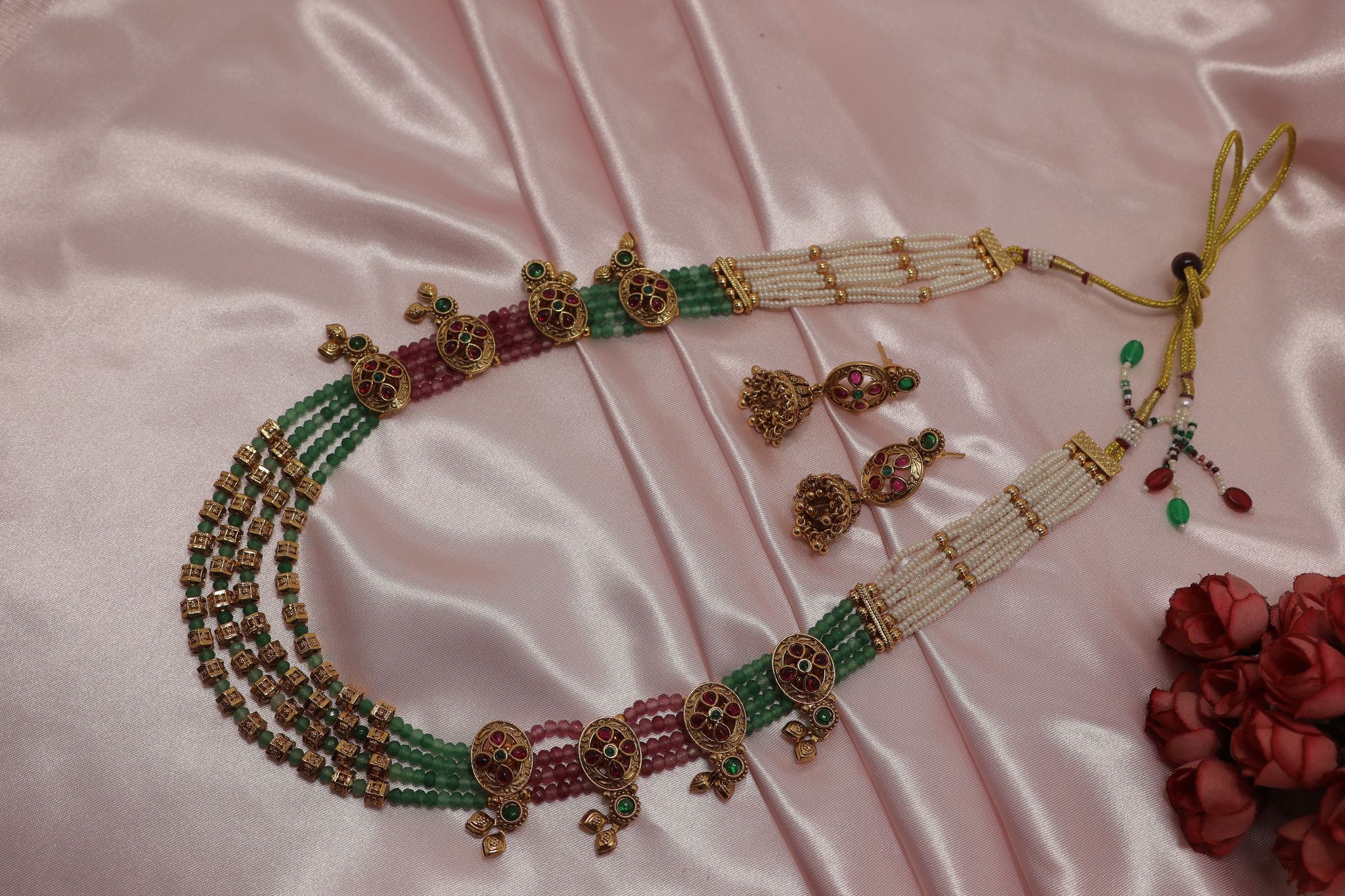Traditional Gold Plated Pearl & Beaded Choker Necklace Set with Jhumka Earrings