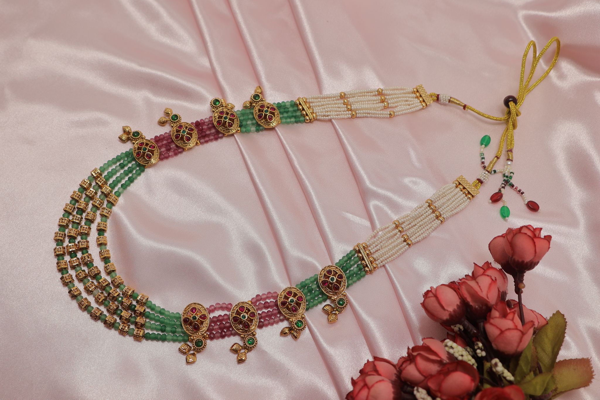 Traditional Gold Plated Pearl & Beaded Choker Necklace Set with Jhumka Earrings view 2