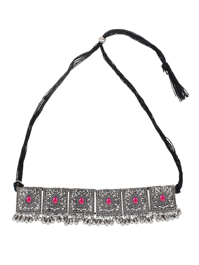 Cardinal Oxidized Silver Color Pink Stone Choker Necklace Set view 2