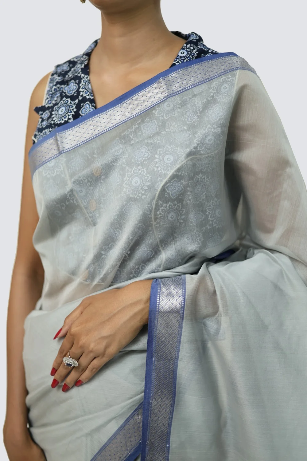 Epic Silver Brocade handwoven Saree with Tassels view 2