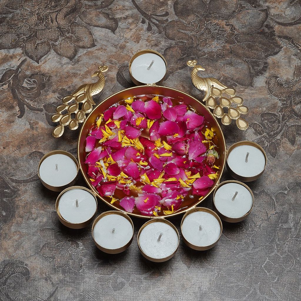 Craftlayout Craftlayout Peacock Diya Urli Bowl For Home Décor, Gift-12 Inch Gold view 2